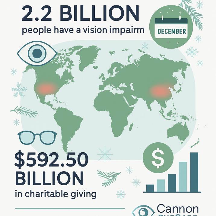 Infographic showing global vision impairment statistics with 2.2 billion people affected worldwide and charitable giving data highlighting holiday season donation trends