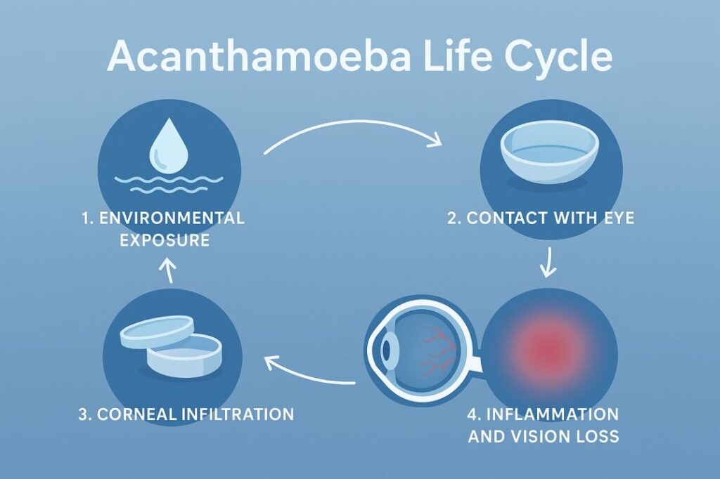 Infographic showing the infection pathway of Acanthamoeba keratitis from water exposure to corneal damage.