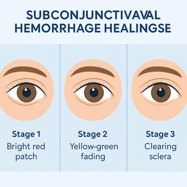 Infographic showing 3 healing stages of a subconjunctival hemorrhage: red, yellow-green, then clear.