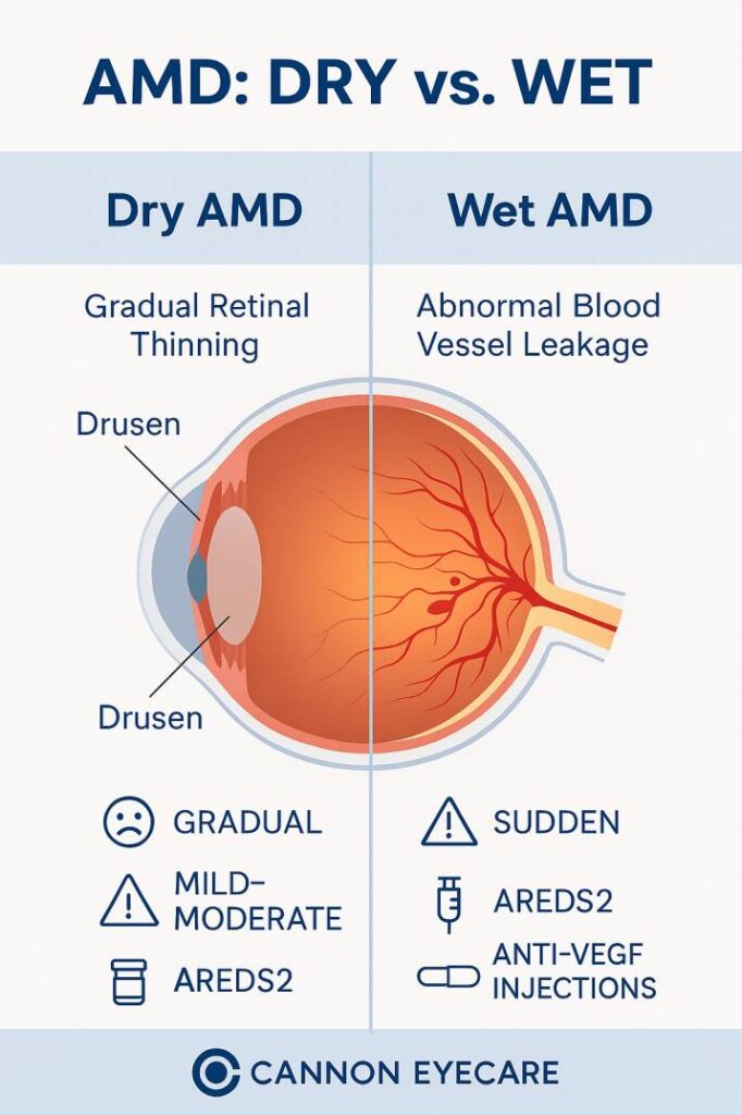 Infographic comparing Dry and Wet AMD with labeled symptoms, progression, and treatment methods