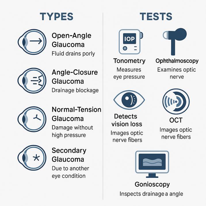 Infographic showing glaucoma types and diagnostic tests used by Seattle optometrists