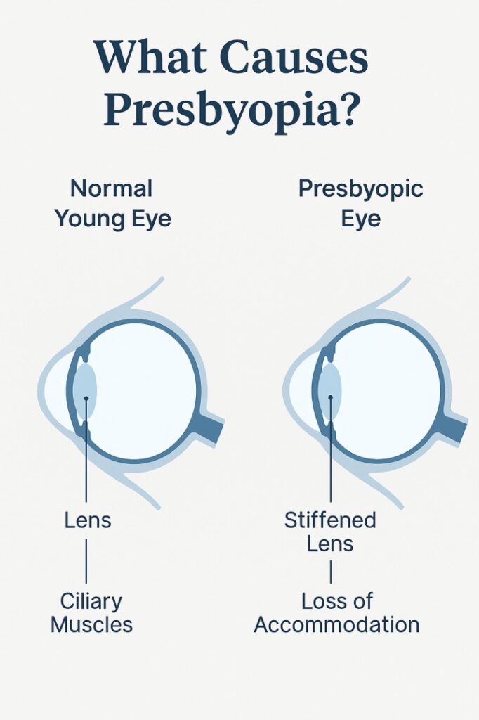 Infographic comparing a flexible young eye lens to a stiff presbyopic lens