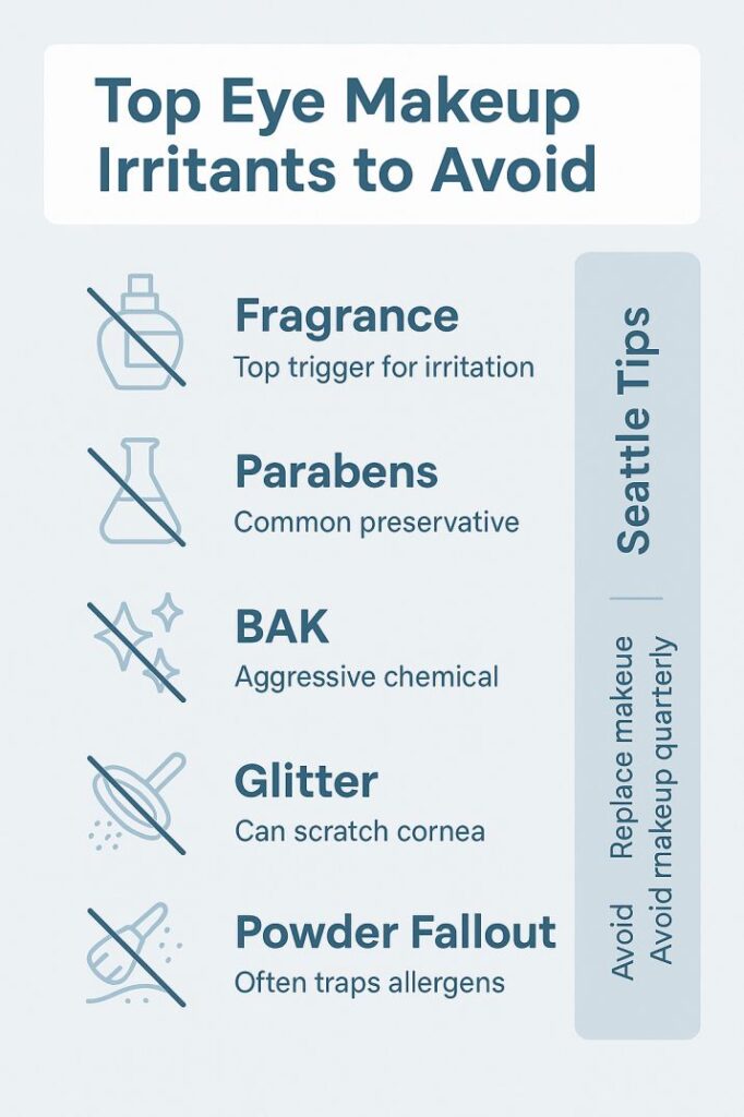 Infographic showing eye makeup irritants and Seattle-specific tips