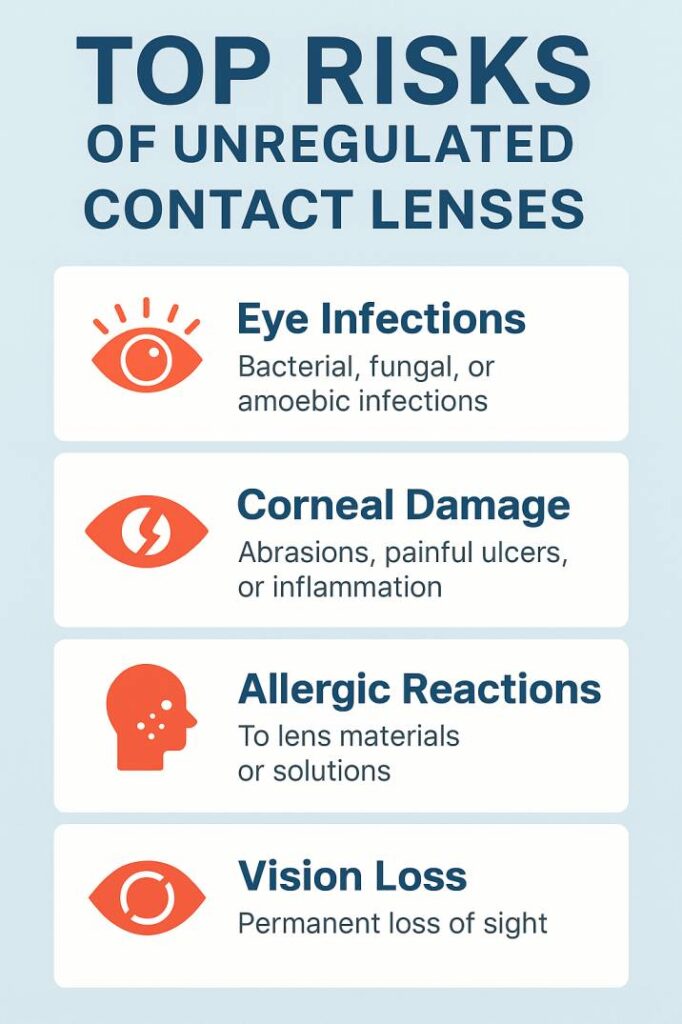 Infographic showing the top dangers of unregulated contact lenses.
