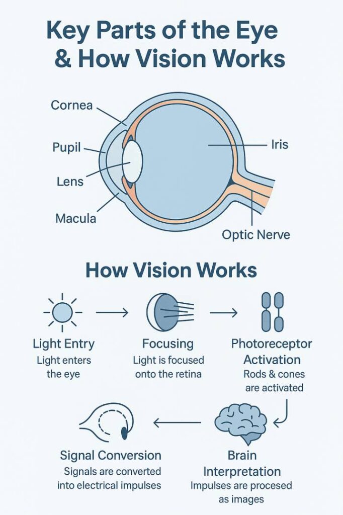 Infographic showing the main parts of the eye and the vision process from light to brain