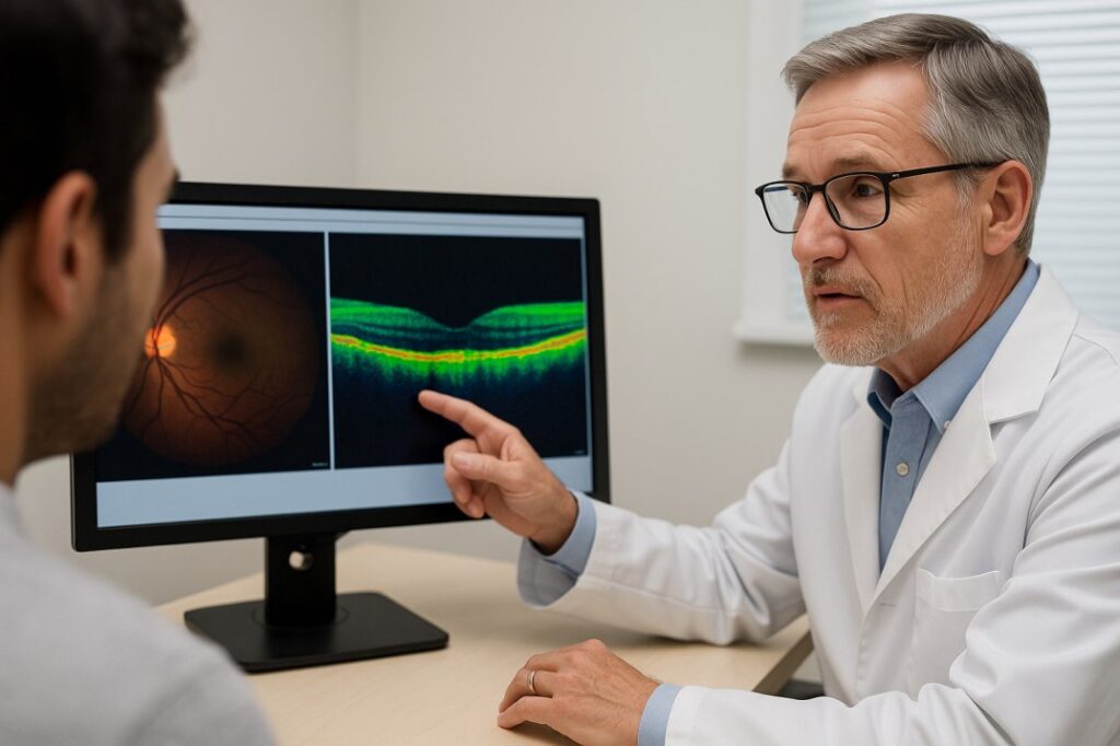 Seattle eye doctor in a white coat explaining an OCT retinal scan to a patient, highlighting signs of diabetic retinopathy on the screen.