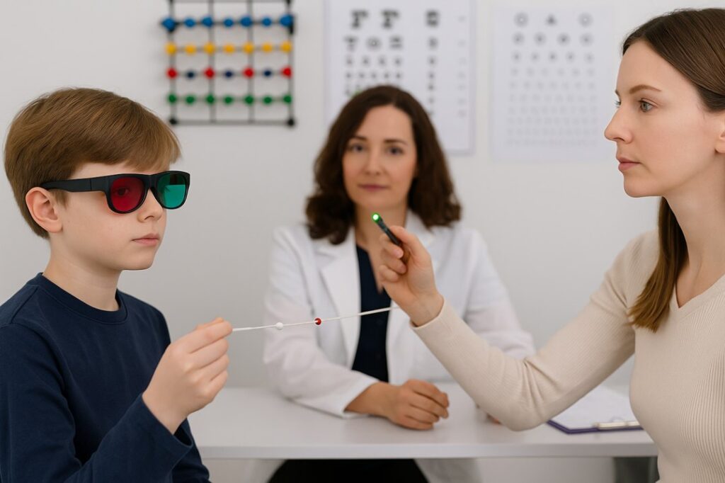 "Child using red-green glasses and a Brock string during a vision therapy session, assisted by a therapist in a Seattle clinic." 
