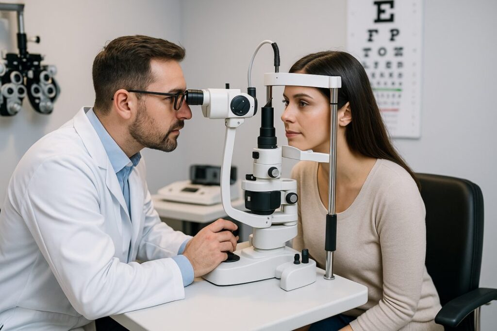 Optometrist in Seattle conducting a detailed eye exam with slit lamp equipment