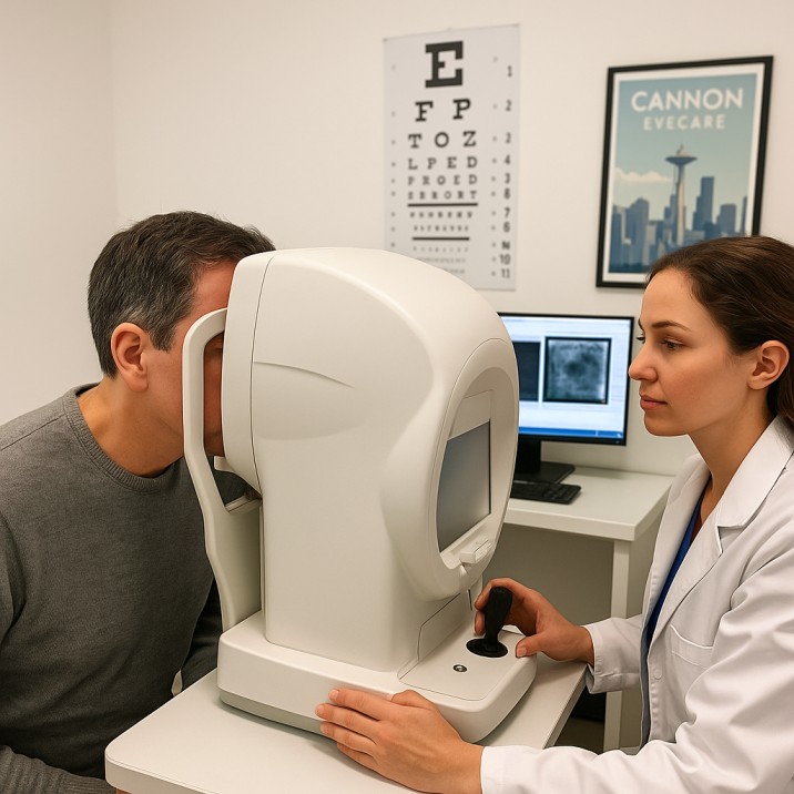 Optometrist in Seattle performing a visual field test on a middle-aged patient. 