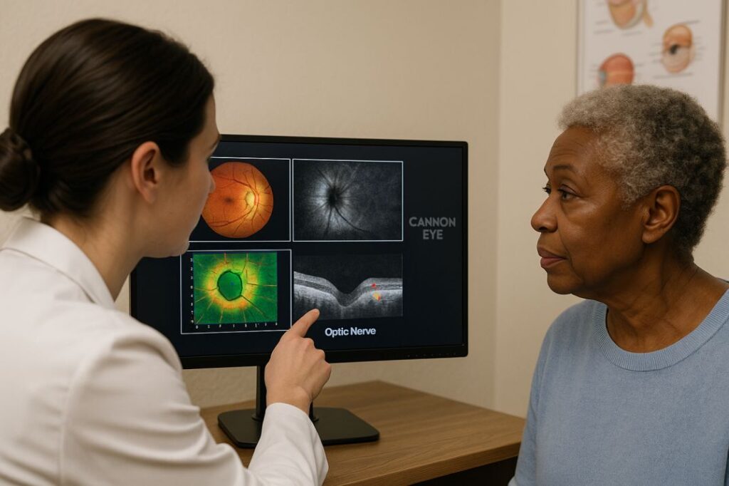 Optometrist explaining OCT glaucoma scan results to a patient in Seattle.