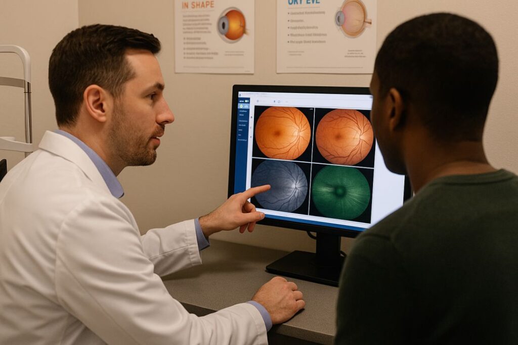 Optometrist showing a retinal scan during an eye care consultation