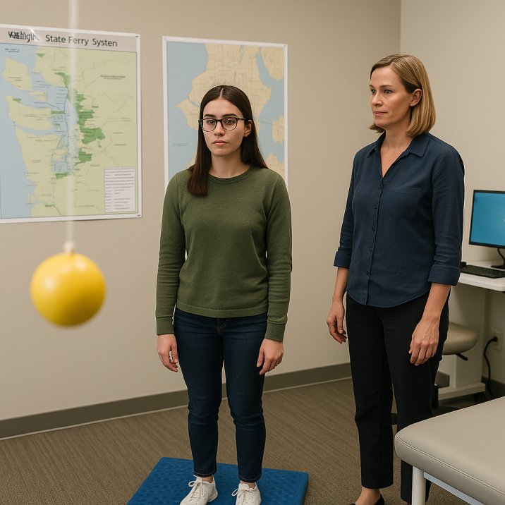 Seattle student performing a Marsden Ball vision therapy exercise under therapist supervision. 