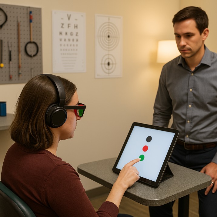Patient using red-green glasses during a digital binocular vision therapy session at Cannon EyeCare.