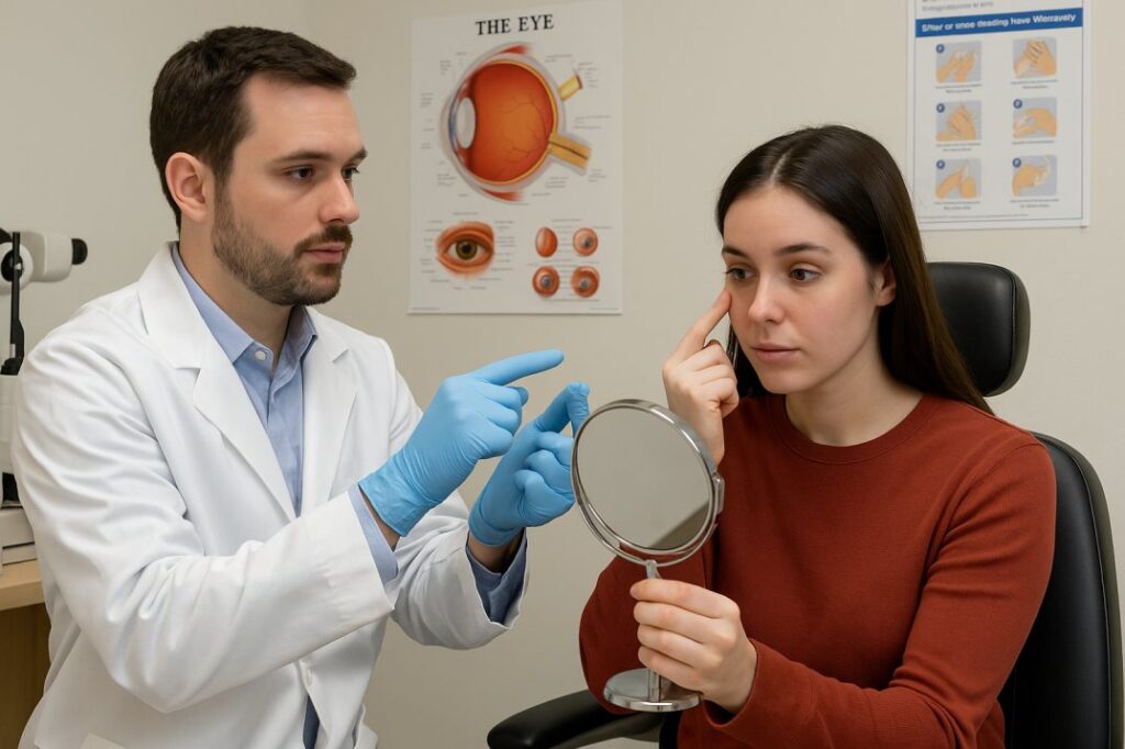 Seattle optometrist teaching a patient how to insert contact lenses safely at Cannon EyeCare.