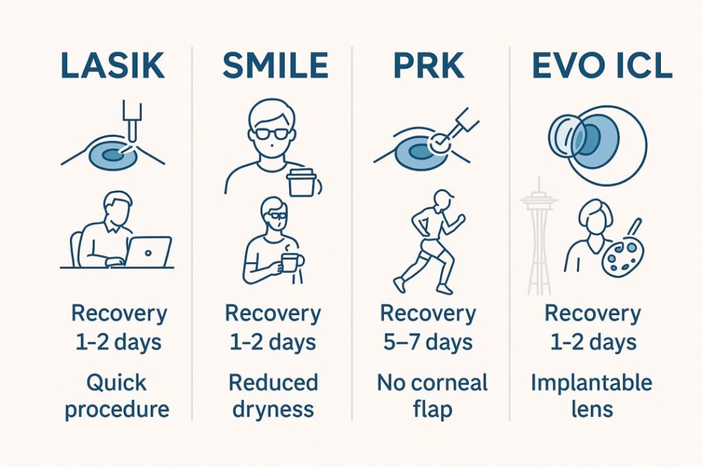 Visual comparison chart of LASIK, SMILE, PRK, and EVO ICL with patient types and recovery times.