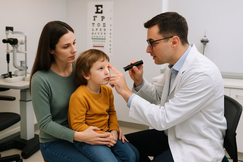 Seattle optometrist examining a child’s eye in a modern pediatric clinic.