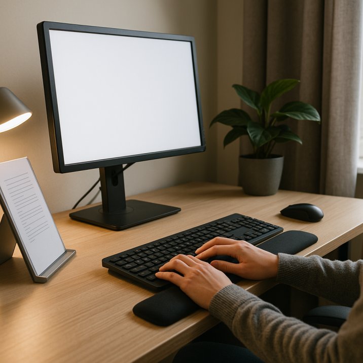 Ergonomic screen and desk setup with glare reduction and wrist support in Seattle home office.