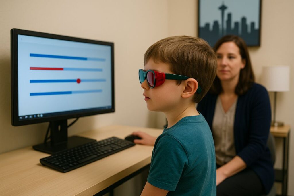 Child participates in binocular vision therapy session with red-green glasses in Seattle clinic.