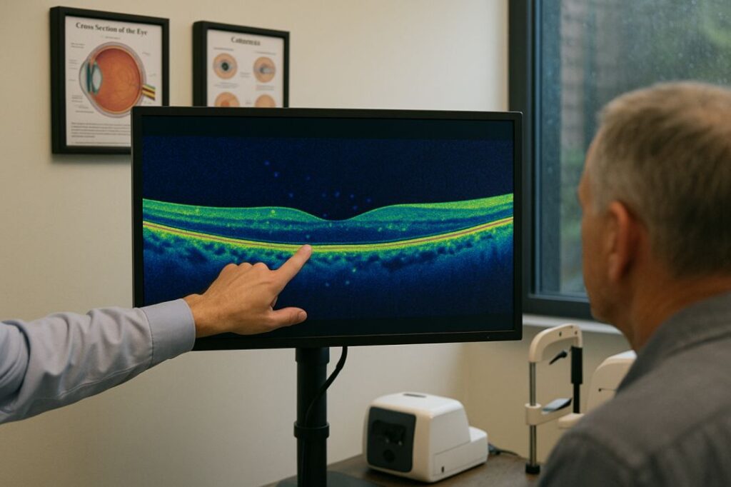 Close-up of OCT scan showing floaters as an optometrist explains results