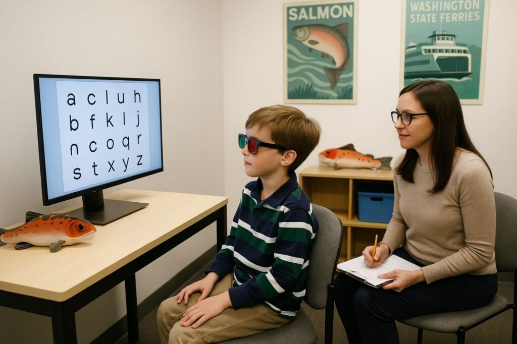 Child uses red-green glasses during a letter-tracking vision therapy session for dyslexia at a Seattle clinic.
