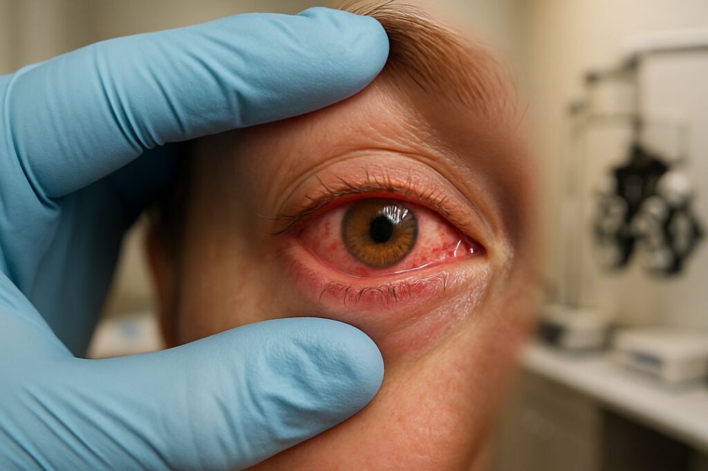 Close-up of red, watery eye during viral eye infection exam