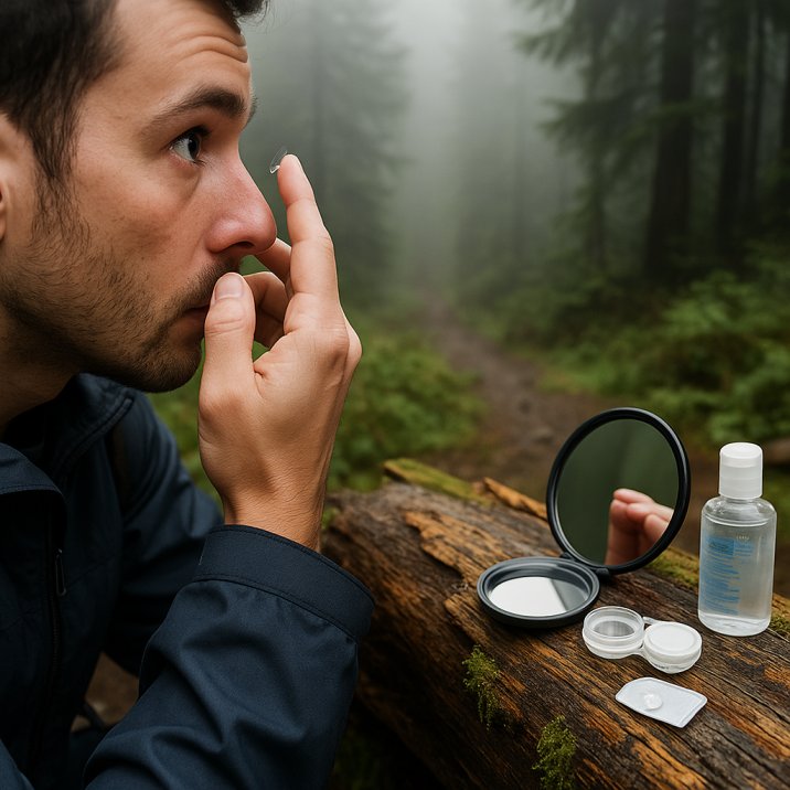 Pacific Northwest hiker inserting a contact lens near forest trail with clean supplies nearby.