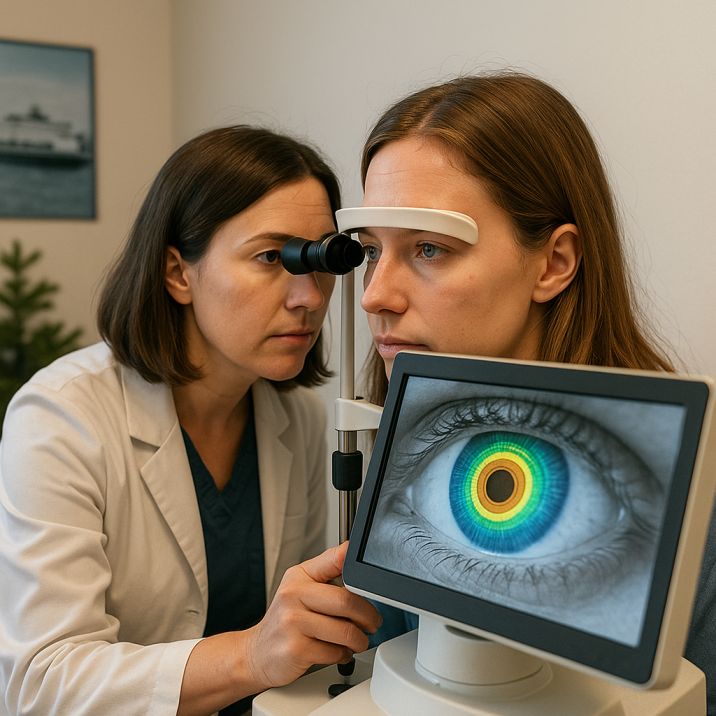 Optometrist analyzing tear film for dry eye diagnosis in Seattle.