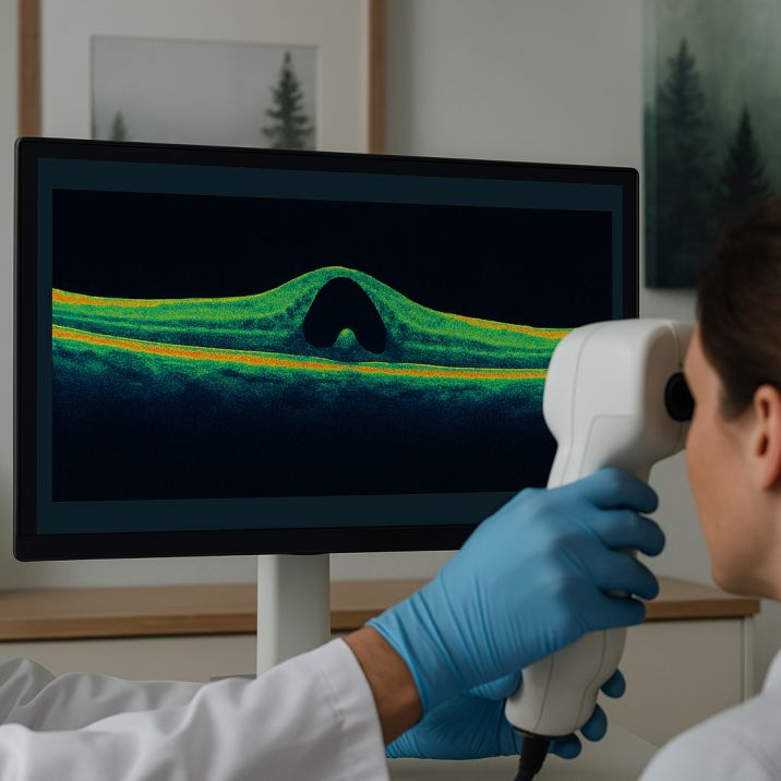 High-resolution OCT monitor displaying a macular hole cross-section as a gloved clinician adjusts the scanning device on a patient’s eye in a modern Seattle clinic.