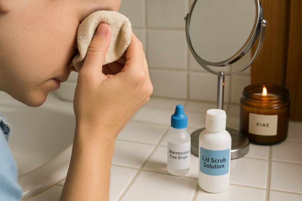 Close-up of warm compress eye care routine with lid scrub supplies in a Seattle home.