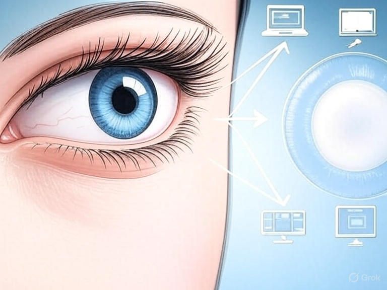 Educational diagram showing how multifocal contact lenses work with labeled vision zones for near, intermediate, and distance sight