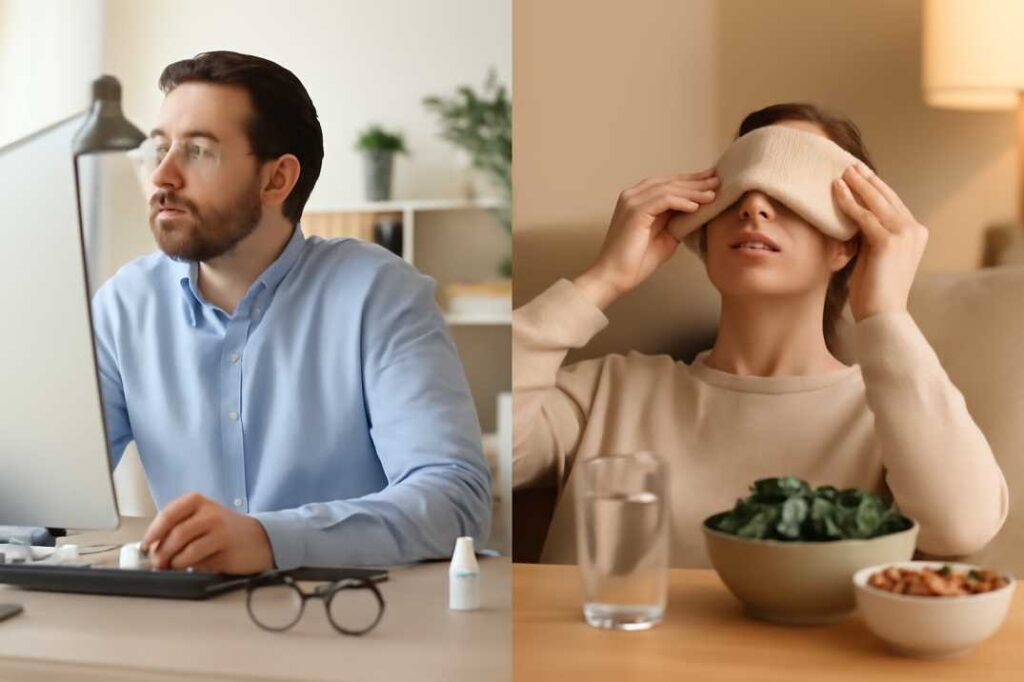 Split image showing eye twitching prevention methods: proper computer ergonomics and workspace setup on the left, and relaxation techniques with warm compress application on the right.