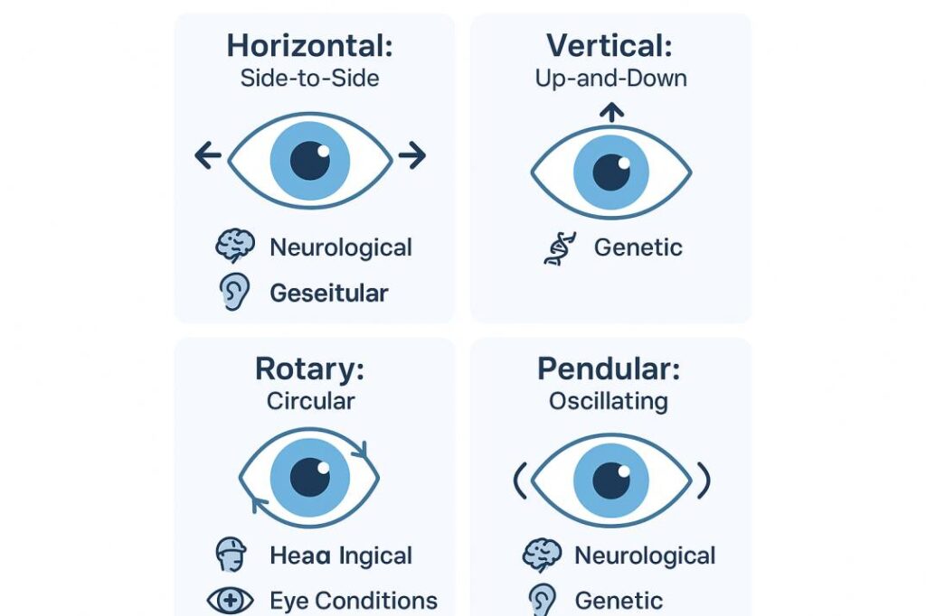 Infographic showing types of nystagmus and their causes with visual eye movement patterns.