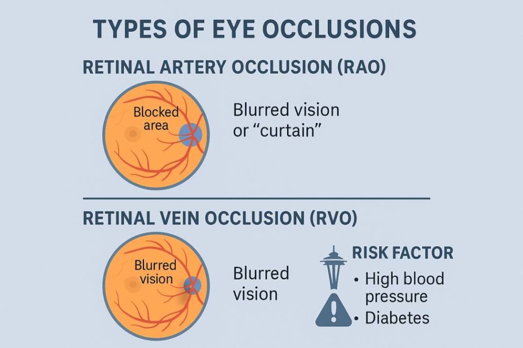 Infographic showing retinal artery and vein occlusions with symptoms and treatment paths.