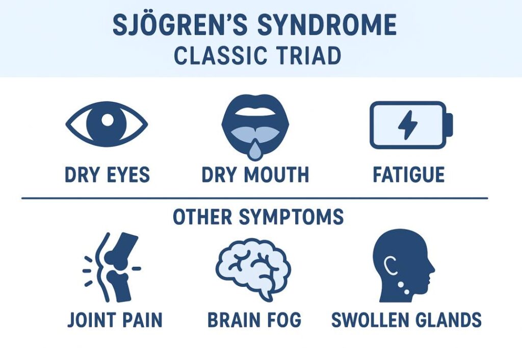 Infographic showing key symptoms of Sjögren’s syndrome, including dry eyes, dry mouth, and fatigue.