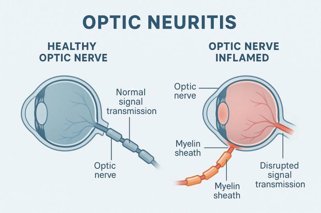 Medical illustration comparing healthy vs. inflamed optic nerve in optic neuritis