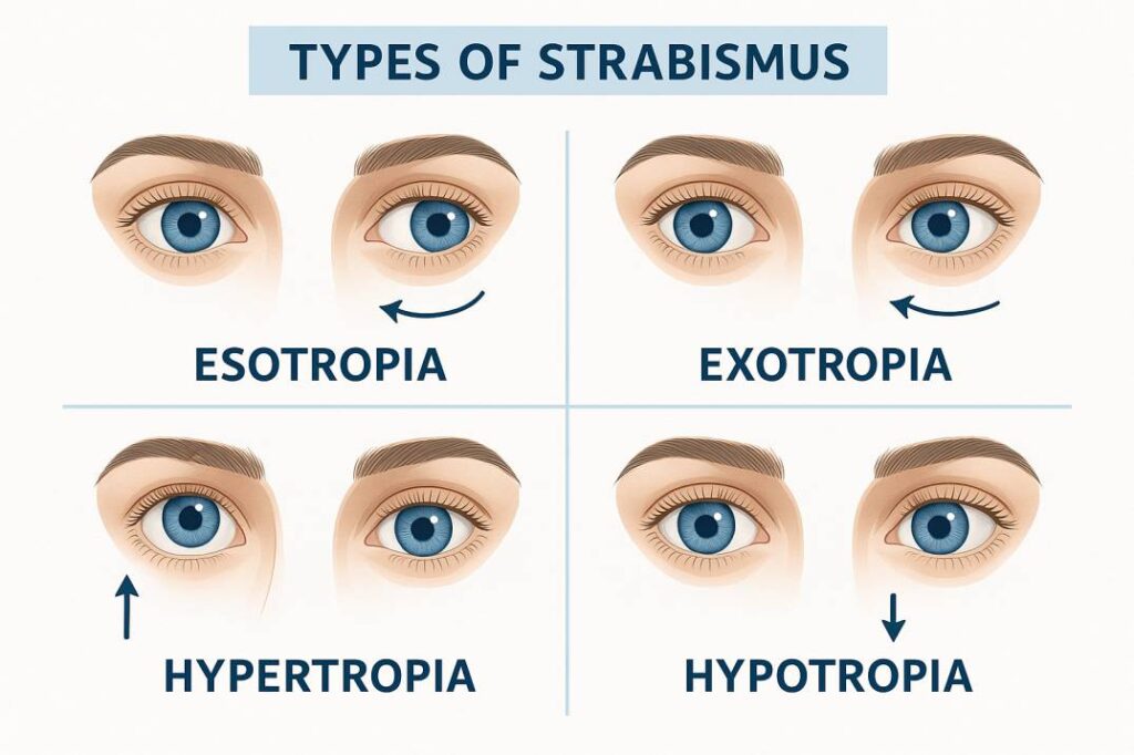 Diagram showing types of eye misalignment in strabismus