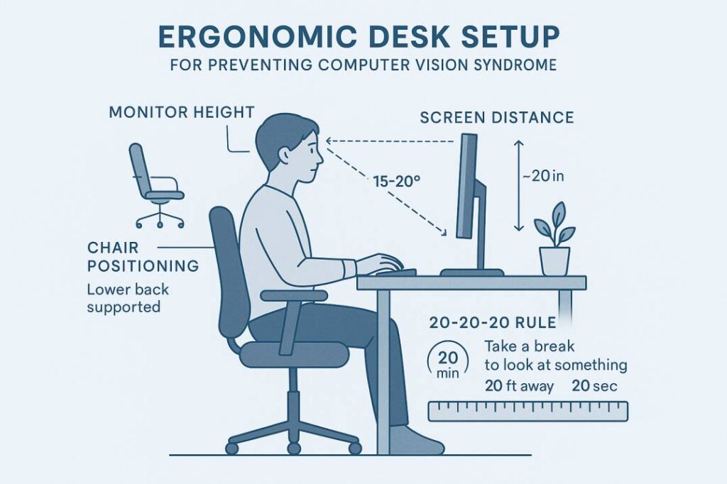Infographic showing correct ergonomic setup to prevent digital eye strain.