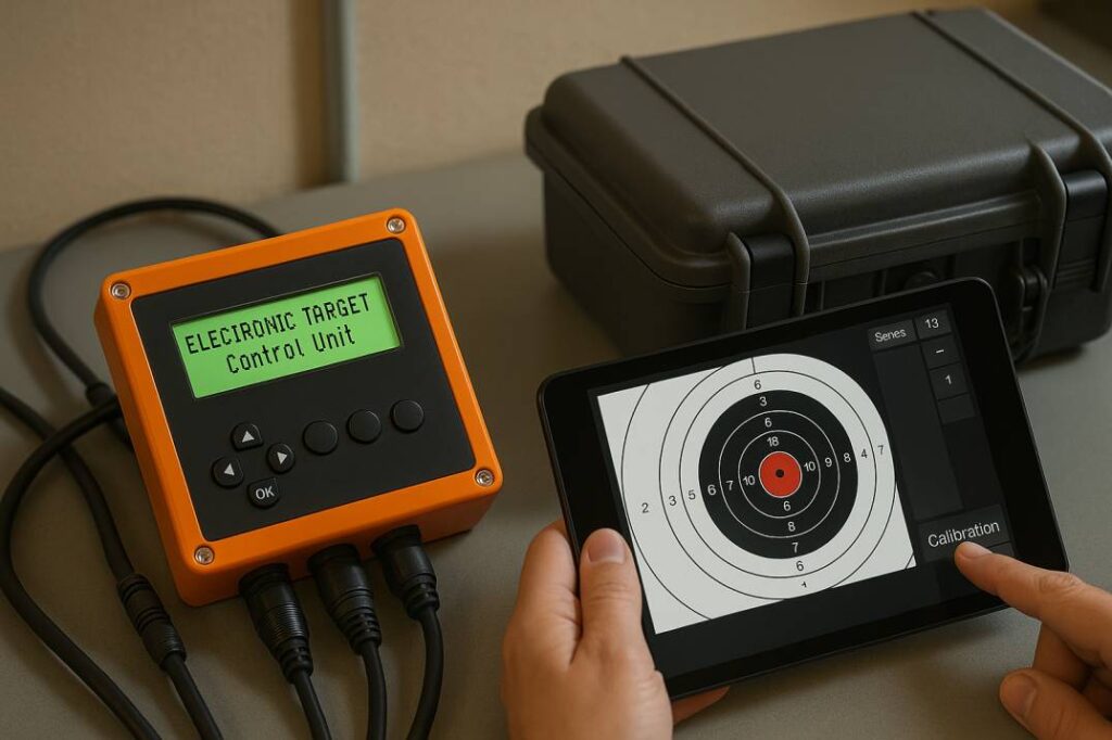 User calibrating an electronic target system using a tablet at an indoor shooting range.