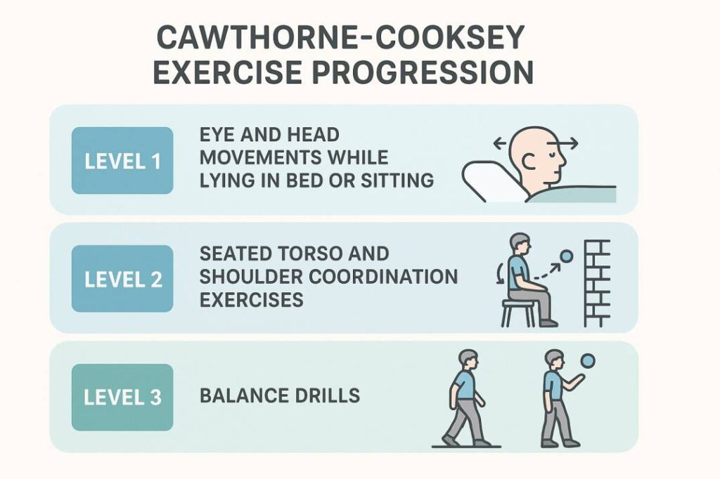Visual guide showing the three levels of Cawthorne-Cooksey vestibular rehabilitation exercises