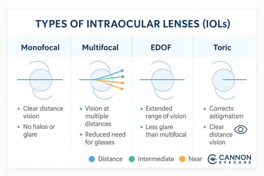 Types of intraocular lenses comparison chart showing monofocal multifocal EDOF and toric IOL options at Cannon EyeCare