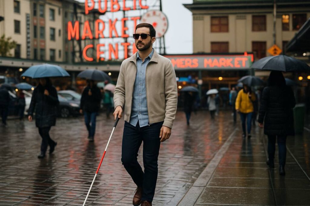 Low vision patient navigating Pike Place Market with adaptive tools