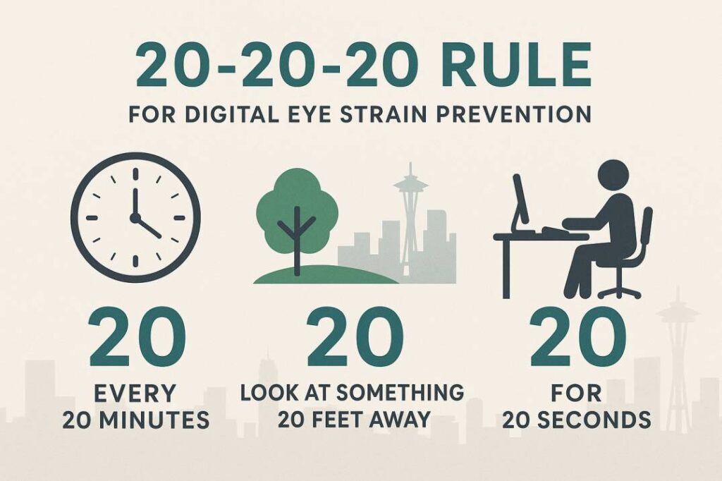 20-20-20 rule infographic for preventing digital eye strain.