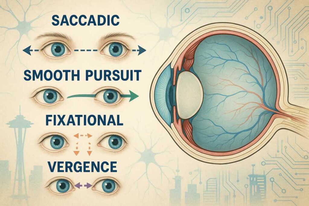 Infrared eye tracking and EMDR therapy in action, showing how modern tech and eye movements aid diagnosis and emotional healing.