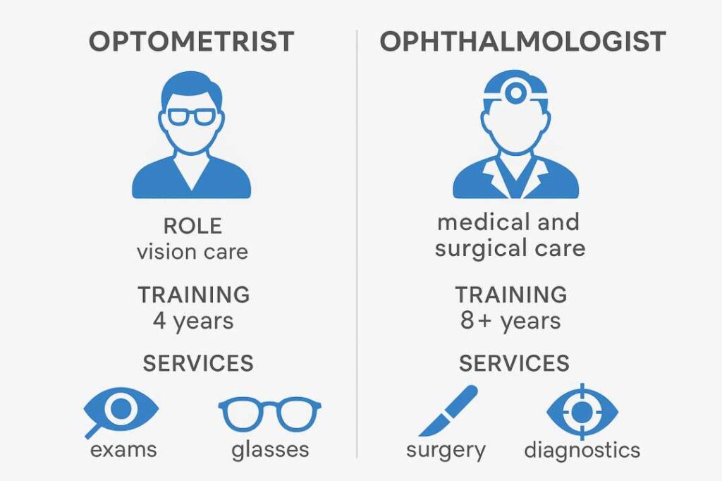 Infographic comparing optometrist and ophthalmologist roles and services.