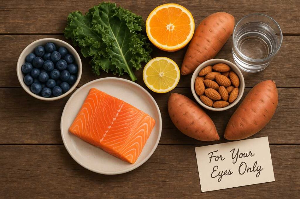 Top foods for healthy eyes including salmon, leafy greens, and berries on a wooden table.