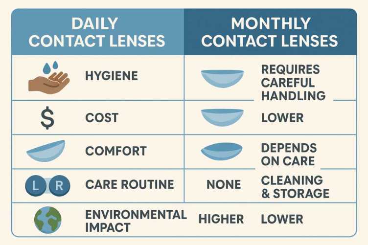 Infographic comparing daily and monthly contact lenses by hygiene, cost, comfort, and care.