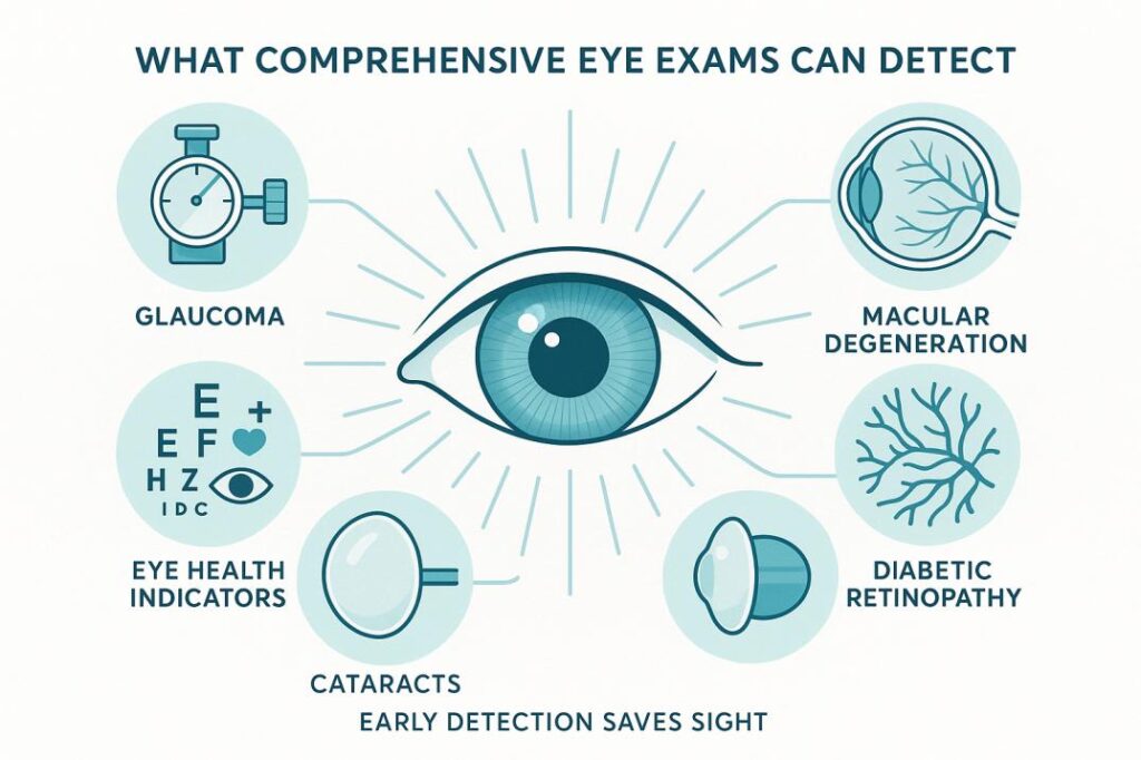 Medical infographic showing eye conditions detected during comprehensive eye exams including glaucoma, macular degeneration, and diabetic retinopathy.