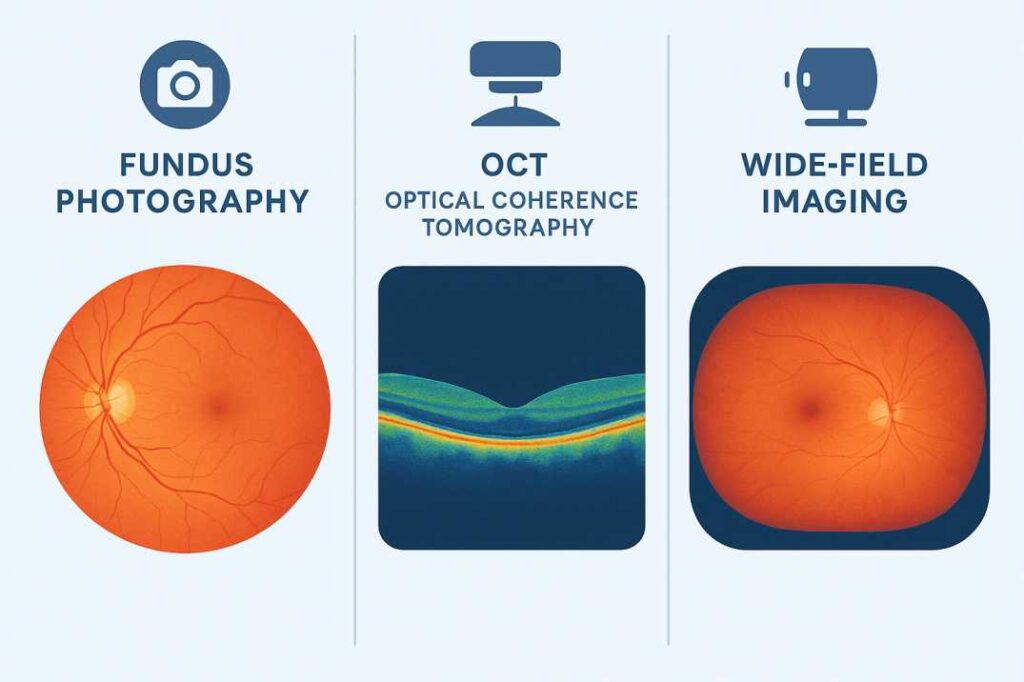 Comparison of retinal imaging types including fundus photography, OCT, and wide-field retinal photography technologies.