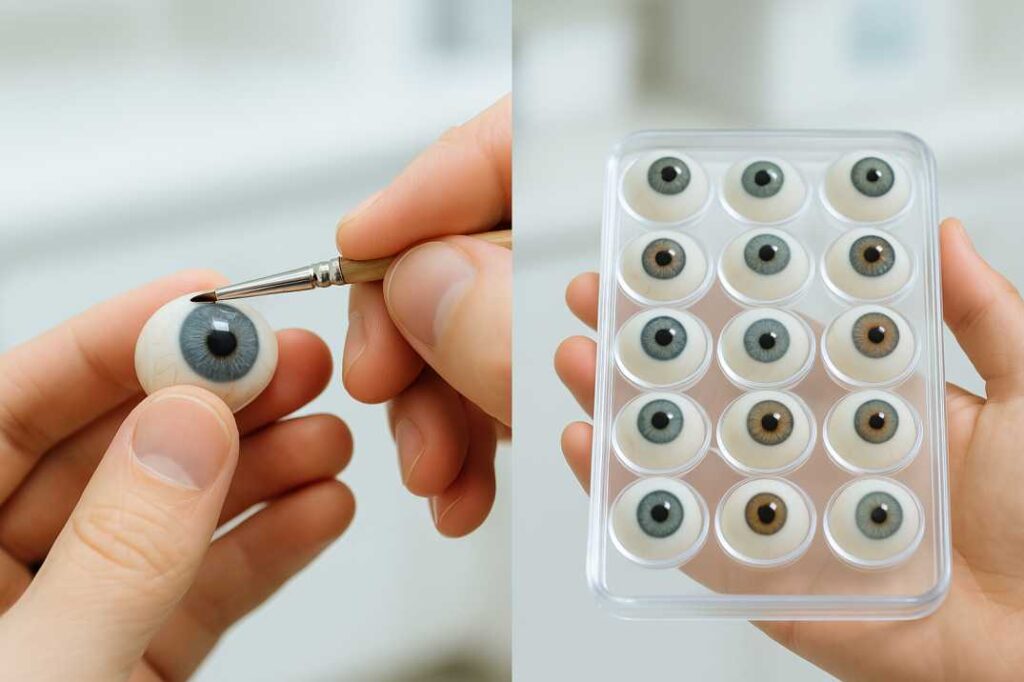 Custom prosthetic eye hand-painted by ocularist next to stock prosthetic eye options.