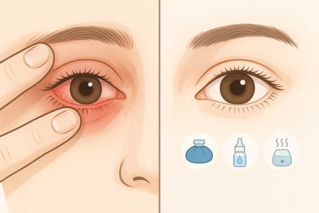 Before-and-after showing eye irritation from rubbing and healthy eyes after safe care methods.